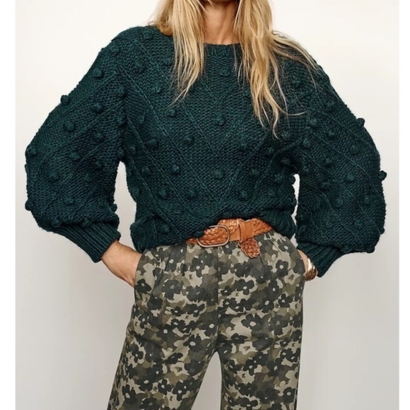 Anthropologie C/MEO Collective Pom Pom Trims Evergreen Women’s Knit Sweater L - Picture 2 of 13